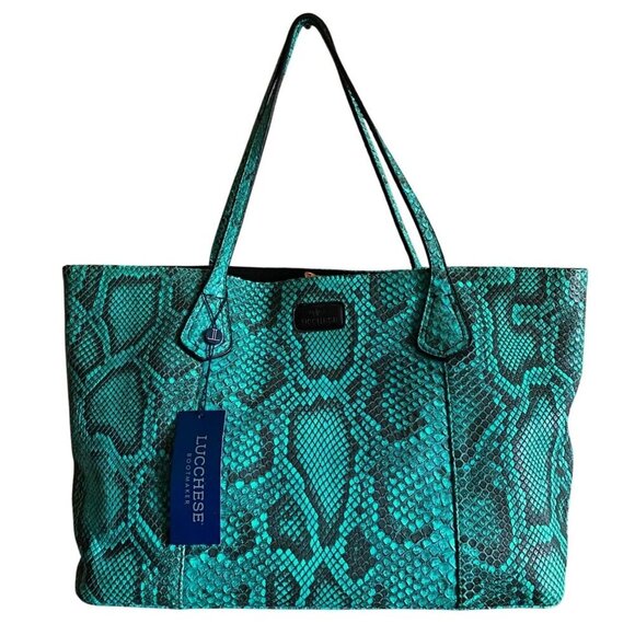 Lucchese Python Tote Bag Turquoise Leather Snake Western Coastal Cowgirl Suede - Picture 1 of 13